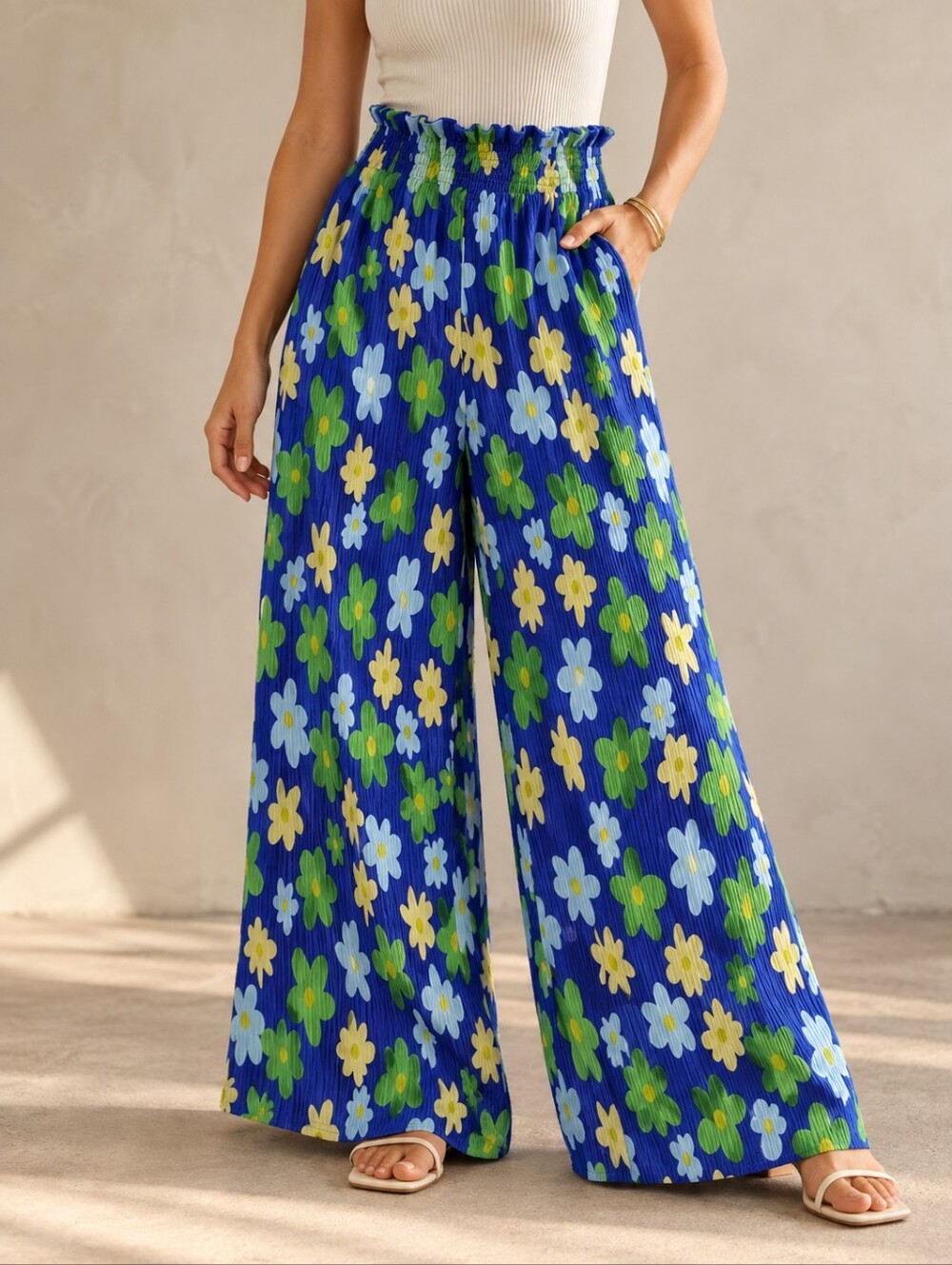 BHM Groovy Floral Plissรฉ Wide Leg Pants Retro Dopamine Artsy Statement Trousers